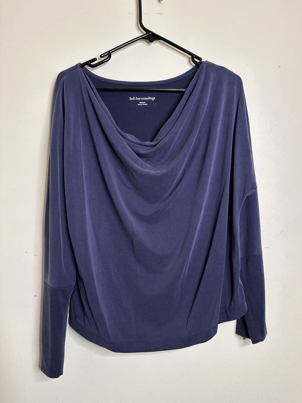 Soft Surroundings Size Medium Jada Top Blue Drape Neck Stretch Cuff Dolman